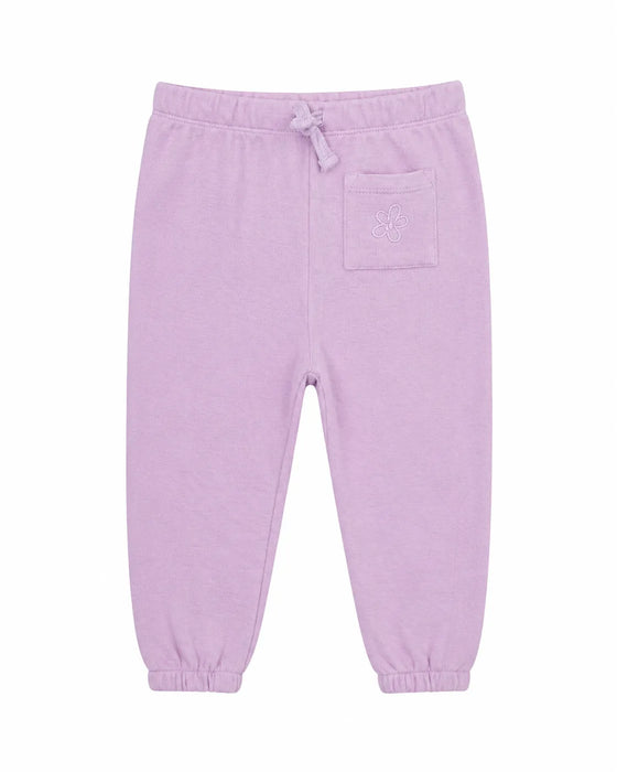 Baby lilac sweatpants with elastic cuffs and a front pocket, shown on a white background.