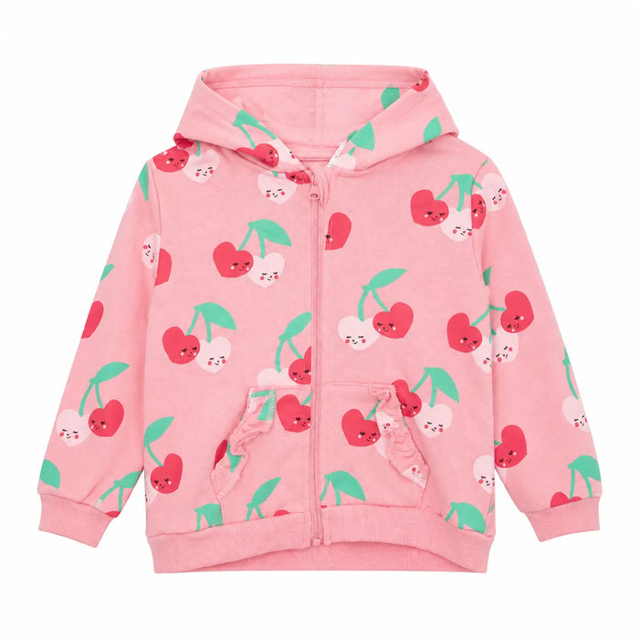 Mid Cherry Blossom Hoodie pink zip-up with cherry print, laid flat against a white background.