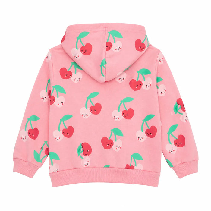 Mid Cherry Blossom Hoodie pink children’s hoodie with smiling cherry print shown from the back.