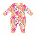 Mid-comfort baby pyjama with bright pink and orange floral pattern laid flat on a white background.