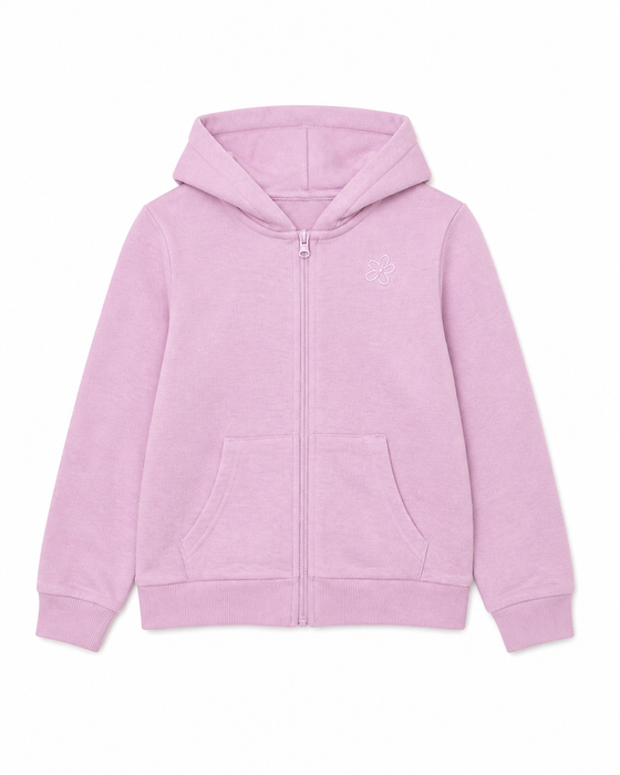 Girls orchid hoodie shown flat on a white background, featuring front zipper and pockets.