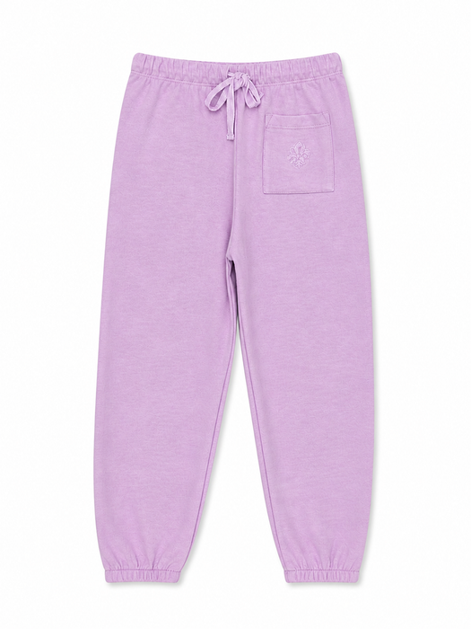 Girls orchid hoodie pants in light purple, shown flat on a white background with drawstring waist.