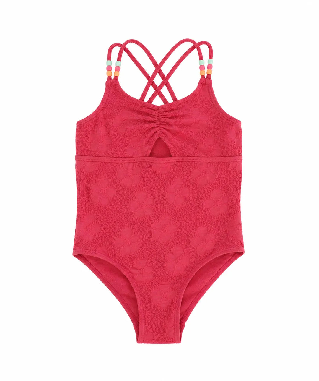 Kids red one-piece swimsuit with textured floral pattern and beaded crisscross straps, shown on white background.
