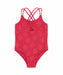 Kids red one-piece swimsuit with textured floral pattern and beaded crisscross straps, shown on white background.