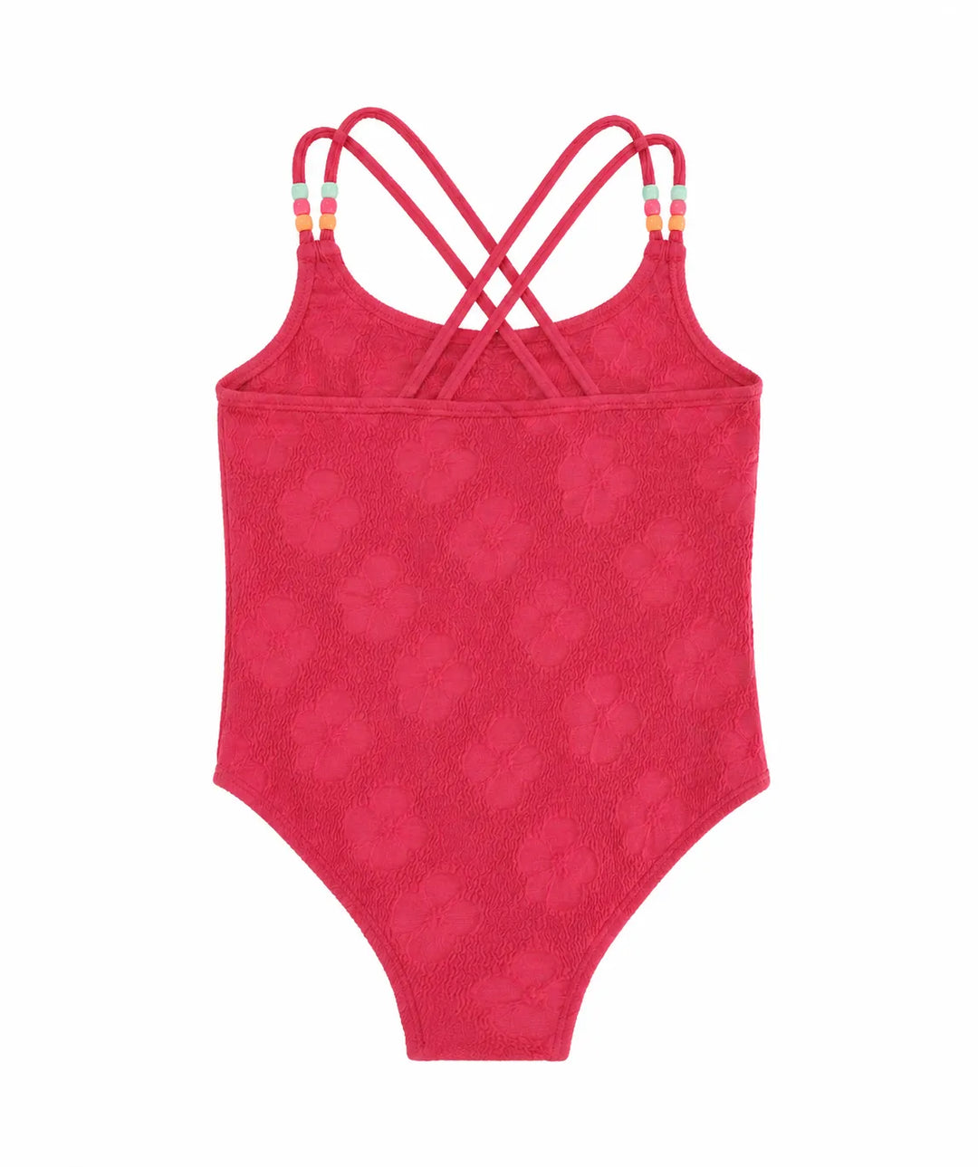 Mid Kids Jersey Red Swimsuit with textured floral pattern and colorful bead straps on white background.