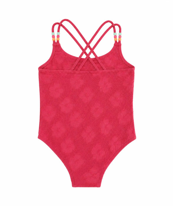 Mid Kids Jersey Red Swimsuit with textured floral pattern and colorful bead straps on white background.