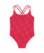 Mid Kids Jersey Red Swimsuit with textured floral pattern and colorful bead straps on white background.