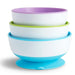 Munchkin 3pk suction bowls stacked together, featuring blue, green, and purple trim on white bowls.