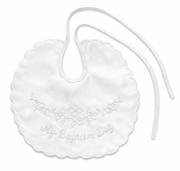 Silky Embroidered Bib – “My Baptism Day” or “My Christening Day” (White Satin Look)