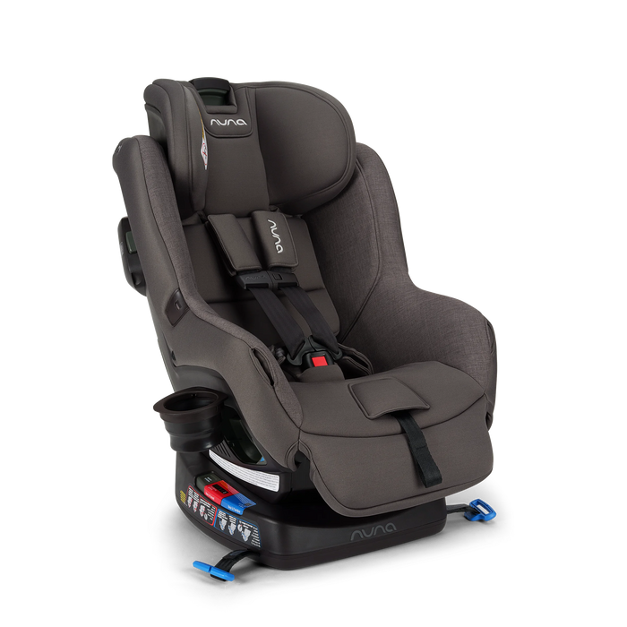 Nuna Rava convertible car seat in grey with headrest, cup holder, and harness, shown on a white background.