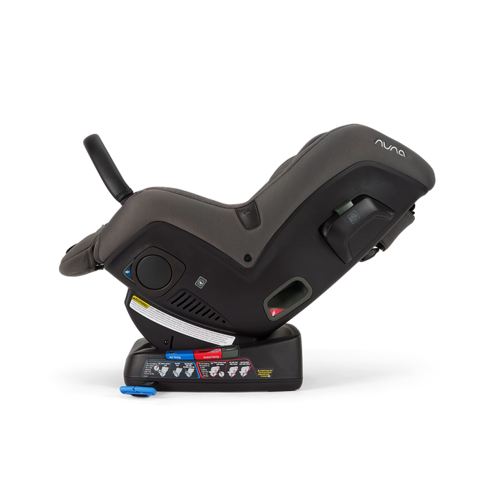 Nuna Rava convertible car seat shown in a side profile on a black background.
