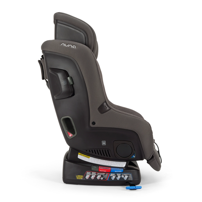 Nuna Rava convertible car seat in gray shown in a side profile against a plain background.