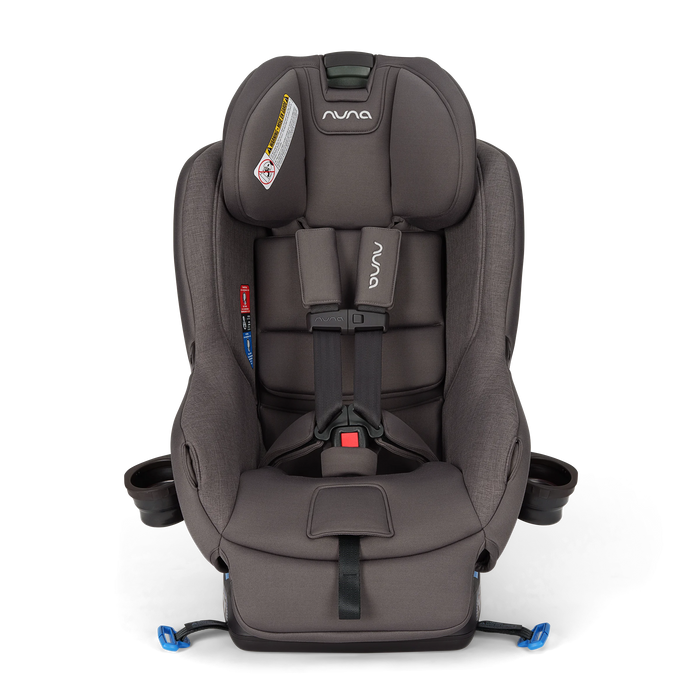 Nuna Rava convertible car seat in gray fabric shown upright with harness and cup holders visible.