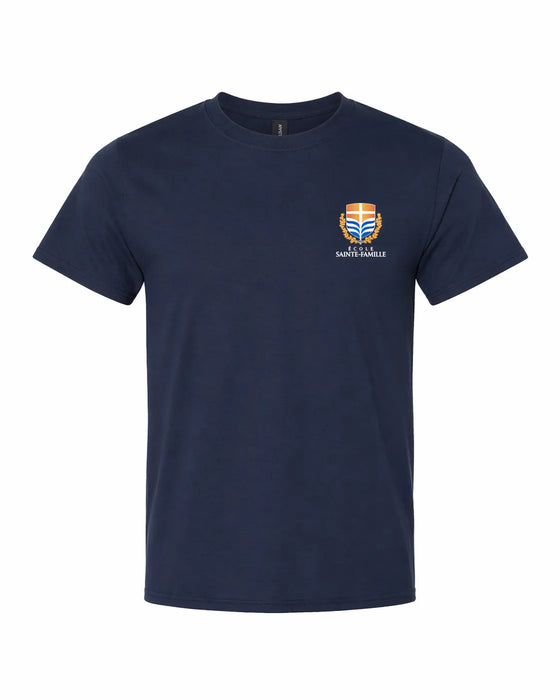École Sainte-Famille navy blue short sleeve t-shirt with school crest shown on a plain background.