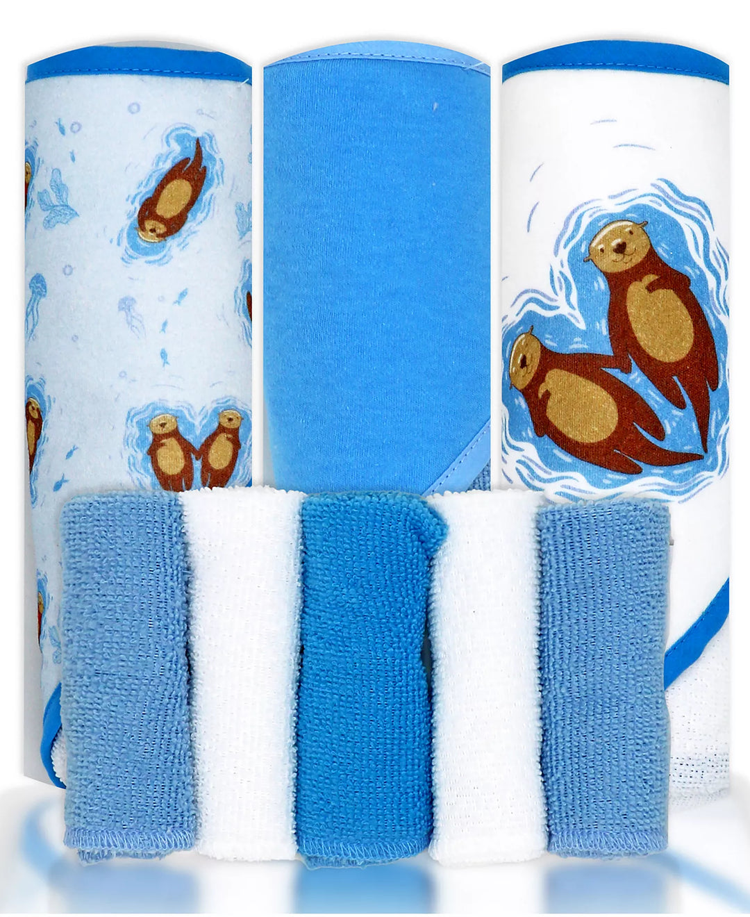 Blue and white baby hooded towels and washcloths with cute otter print, 8-piece set