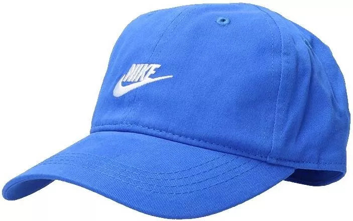 Nike Futura Curve Brim kids cap in solid blue, displayed against a white background.