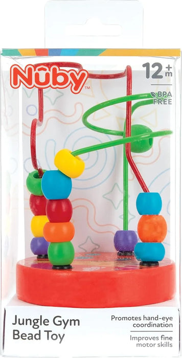 Nuby Jungle Gym Bead Toy in packaging, colorful beads on wire maze for toddlers 12 months and up.