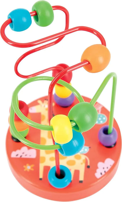 Nuby Jungle Gym Bead Toy with colorful beads on wires, shown on a red animal-themed base.