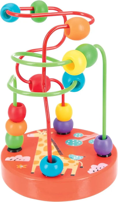 Nuby Jungle Gym bead maze toy with colorful beads on a giraffe-printed red wooden base.