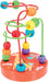 Nuby Jungle Gym bead maze toy with colorful beads on a giraffe-printed red wooden base.