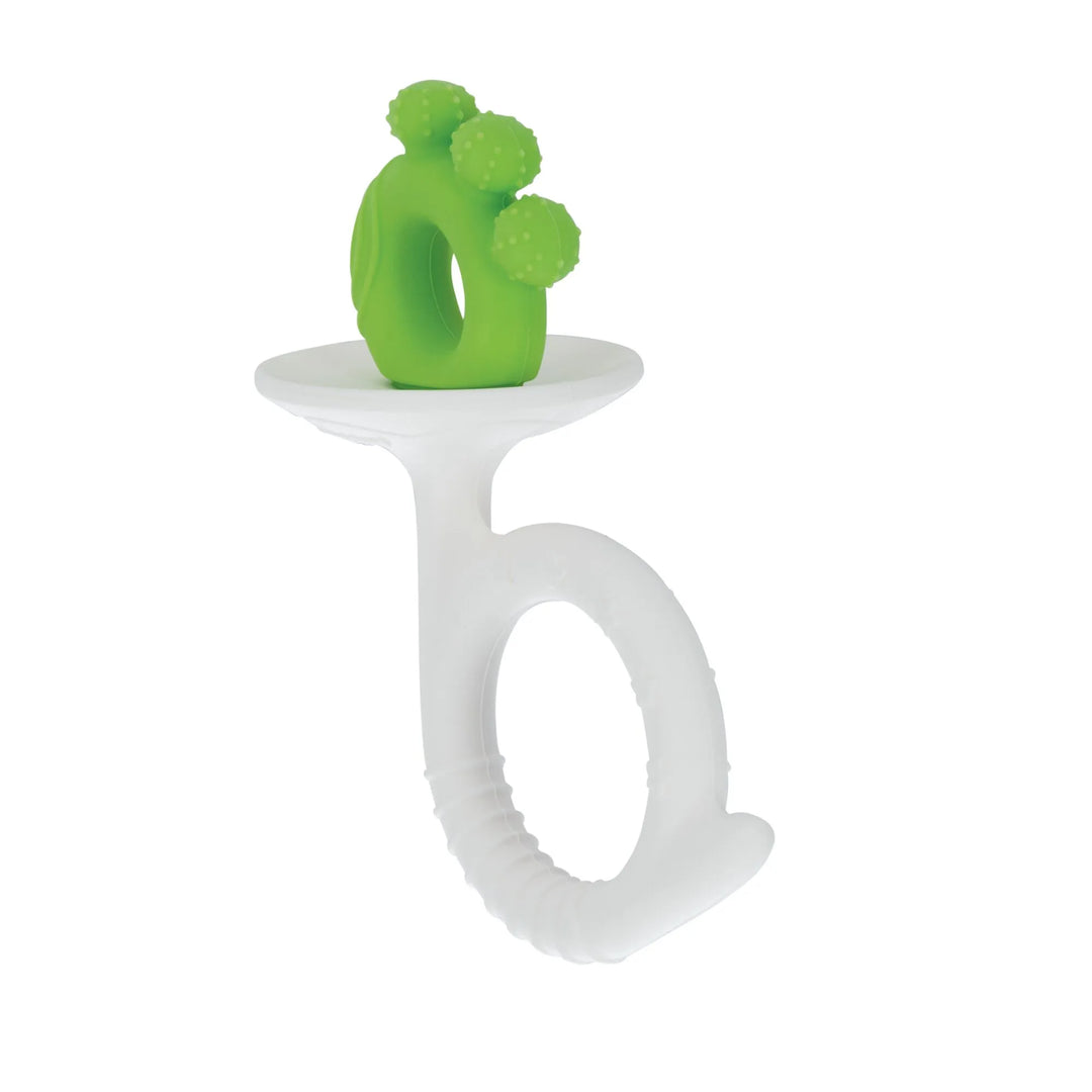 Nuby Silicone Fun Teether with green textured top and white handle on a plain white background.