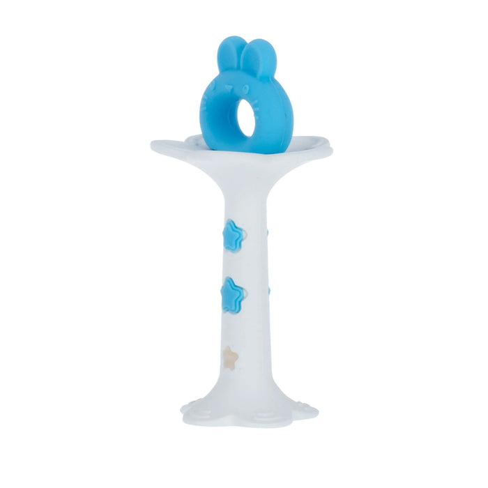 Nuby silicone fun teether with blue bunny design, displayed upright on a white background.