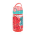 Nuby Soft Straw Canteen kids water bottle with pink and teal lid and fruit print on white background.