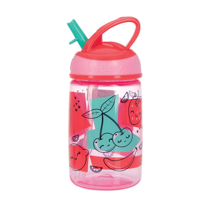 Nuby soft straw canteen kids water bottle with pink lid and fruit illustrations on a white background.