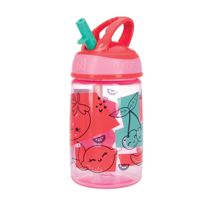 Nuby Soft Straw Canteen kids water bottle with fruit illustrations and a pink lid on white background.