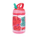 Nuby Soft Straw Canteen kids water bottle with fruit illustrations and a pink lid on white background.