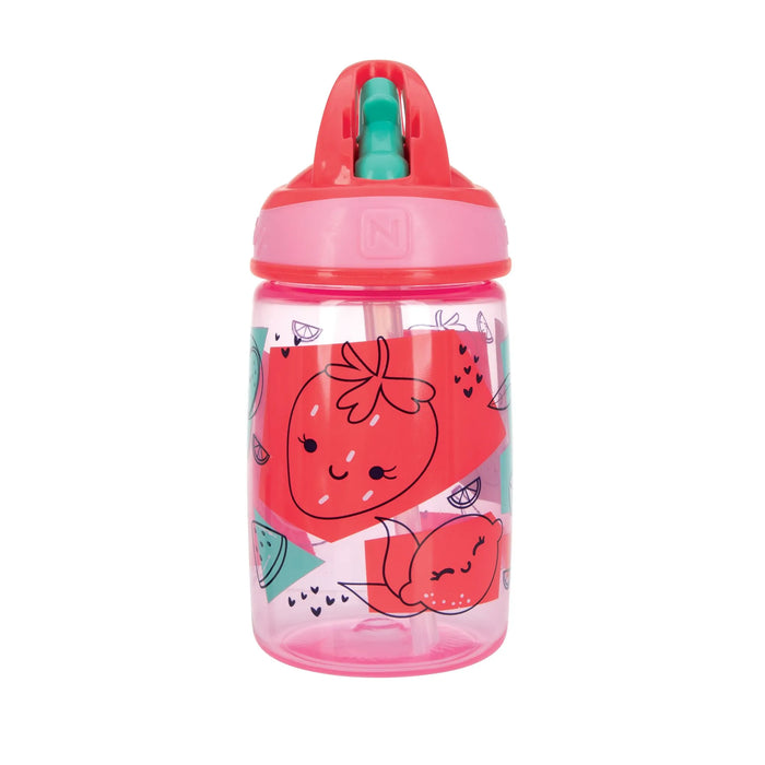 Nuby Soft Straw Canteen kids water bottle with pink lid and cute fruit illustrations, shown on white background.