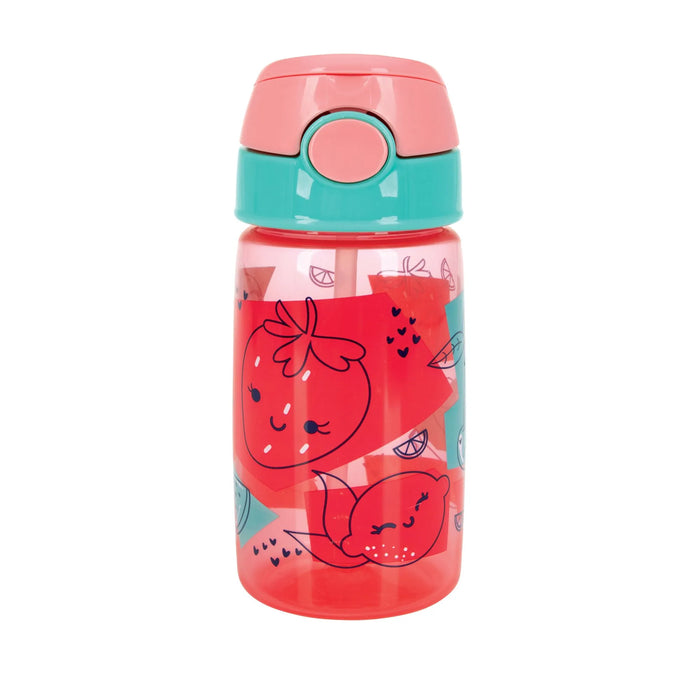 Nuby Soft Straw Canteen kids water bottle with fruit illustrations on a white background.