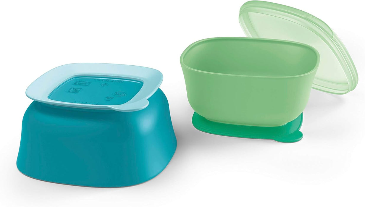 NUK suction bowls 2-pack teal and green with lids shown on a white background.