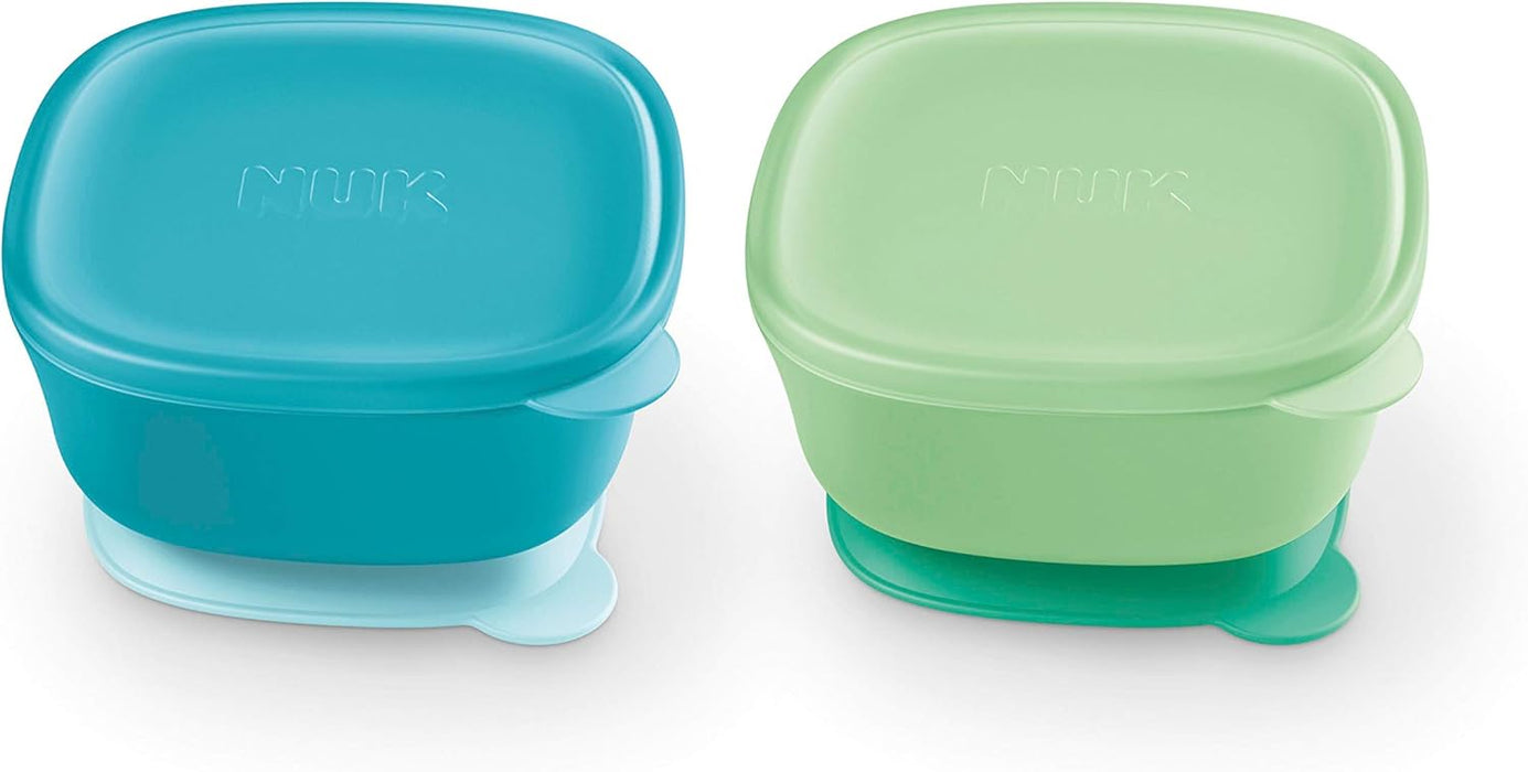 NUK suction bowls 2-pack in teal and green shown with lids on a white background.