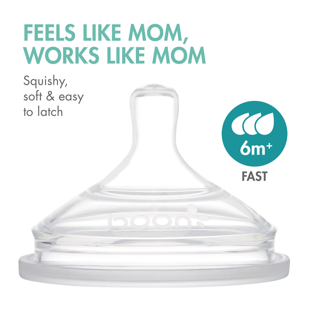 Clear silicone baby bottle nipple, fast flow, for 6 months and up, with soft flexible design.