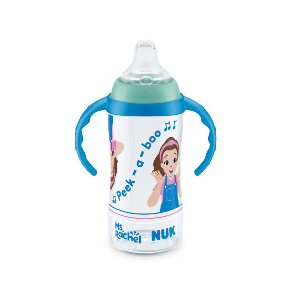 Ms. Rachel NUK sippy cup with blue handles and cartoon character, shown on a white background.
