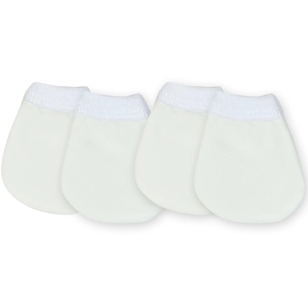 Pair of organic cotton baby scratch mitts in ecru color on white background