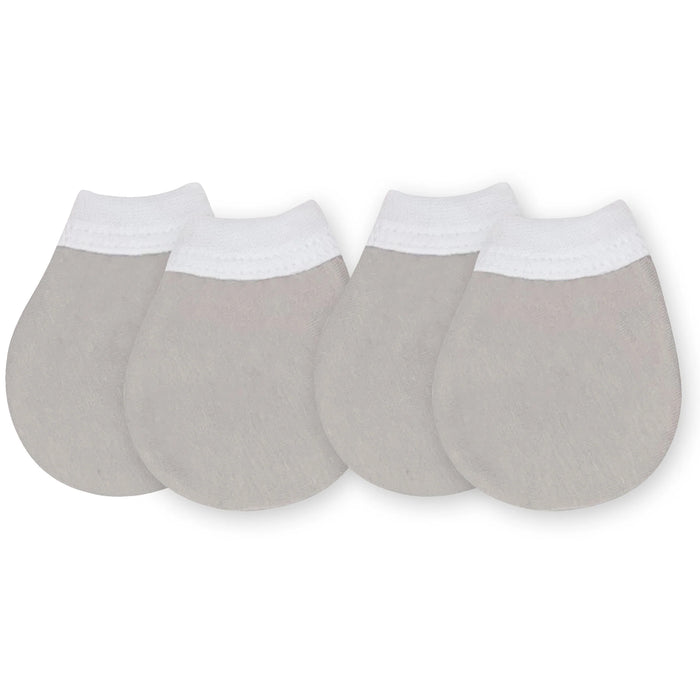 Pair of grey organic baby scratch mitts with white cuffs on a white background.