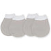 Pair of grey organic baby scratch mitts with white cuffs on a white background.