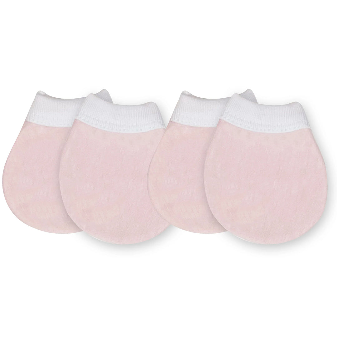Pair of organic pink baby scratch mitts with white cuffs on a white background