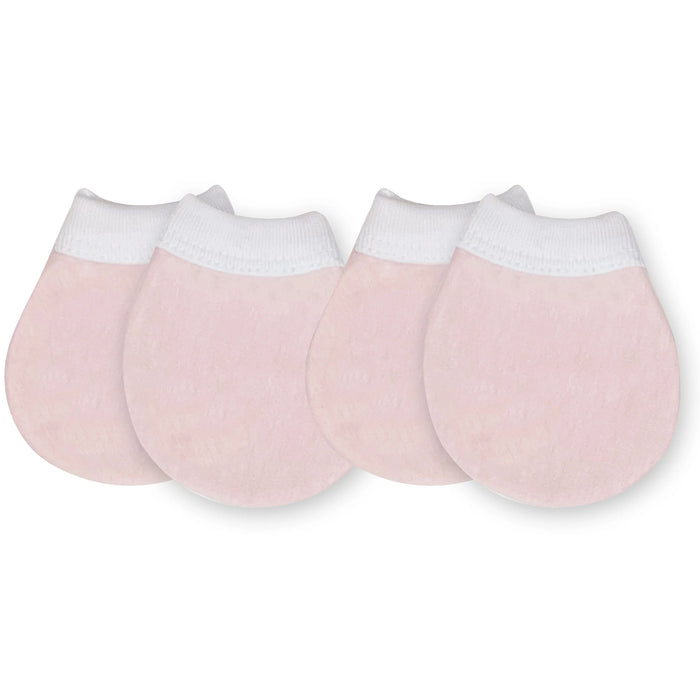 Pair of organic pink baby scratch mitts with white cuffs on a white background