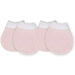 Pair of organic pink baby scratch mitts with white cuffs on a white background