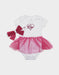 Nike baby girl white bodysuit with pink tutu skirt and matching pink headband on white background.