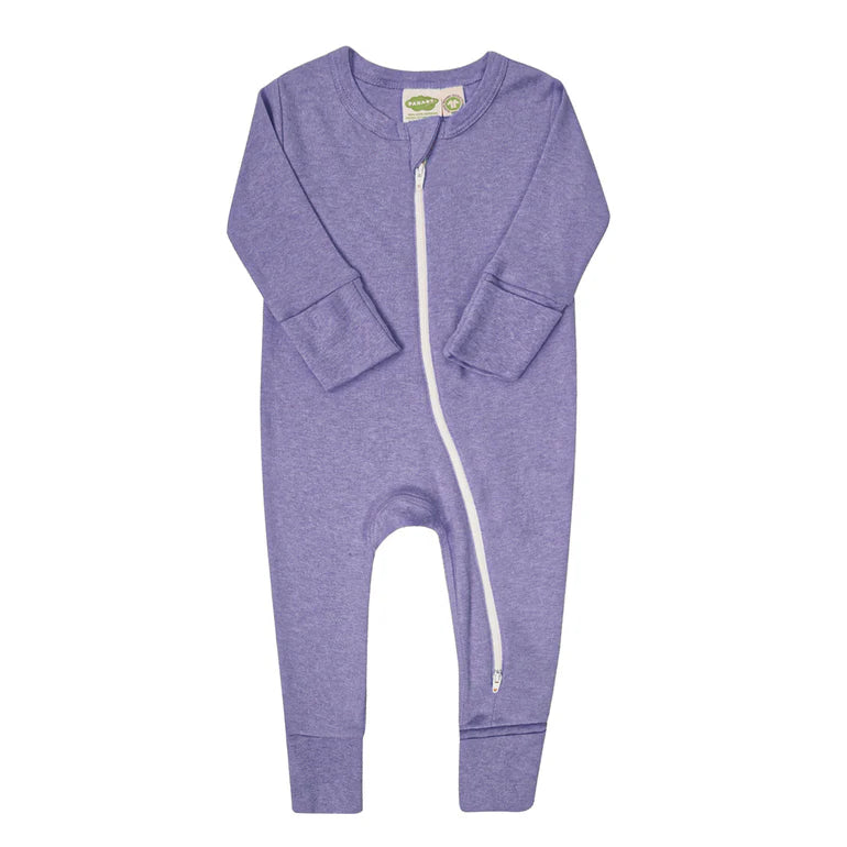 Parade Organics Snuggle Soft Melange 2-Way Cotton Romper in purple laid flat on white background.