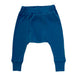 Parade Organics cotton baby harem pants in solid blue displayed flat on a white background.