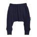 Parade Organics cotton baby harem pants in navy blue displayed on a white background.