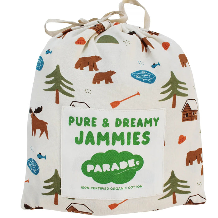 Parade Organics Pure & Dreamy Jammies bag with forest animal and cabin print on cotton fabric.