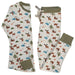 Parade Organics organic cotton kids pajamas with woodland animal and cabin print laid flat on white.