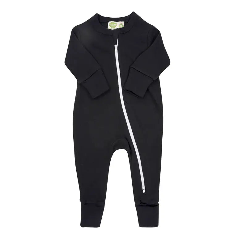 Parade Organics solid color cotton 2-way zipper romper in black displayed flat on a white background.