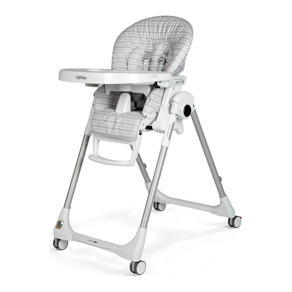 Peg Perego Zero 3 Linear Grey Baby high chair with gray and white patterned seat on a white background